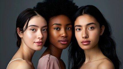 Naklejka premium Portrait of multiracial women in studio looking at camera over grey background. 