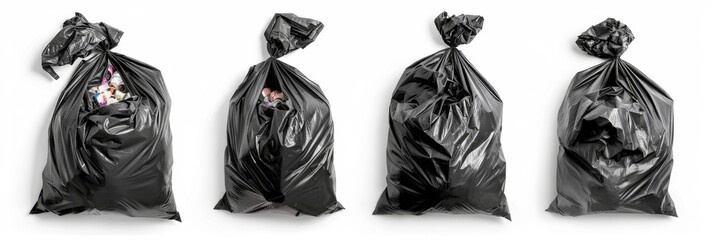 Trash bags set, full plastic garbage containers, polyethylene rubbish bag set, rubbish sack isolated, waste