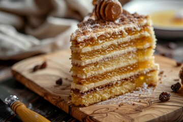 Honey cake slice, biscuit layered medovik dessert, homemade dessert with cream, sweet caramel pie