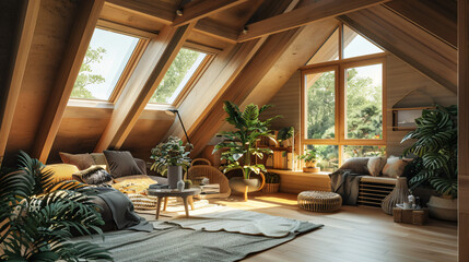 Fototapeta premium Tranquil Hideaway: Hyper-Realistic Cozy Attic Retreat Featuring Sloped Ceilings, Skylights, and Relaxing Seating Area