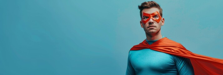 Superhero man wearing super hero cape and mask, brave manager, leadership, success concept