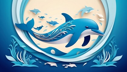 Obraz premium World oceans day banner with paper-cut dolphin on it, A day dedicated to the protection and preservation of the oceans,illustration created with generative ai.