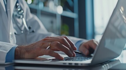 Close-up of a medical professional typing on a laptop during a virtual consultation