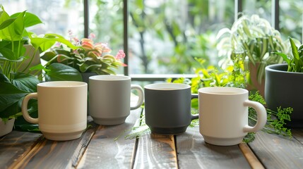 minimal white, gray, beige and black mugs. Mugs of coffee, tea and hot drinks on wooden floor...