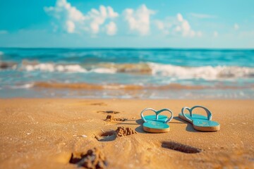 A pair of blue flip-flops on golden sandy beach with waves and clear sky