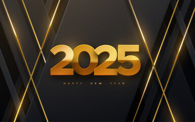 Happy New 2025 Year. Vector holiday illustration of golden numbers 2025 on black geometric background