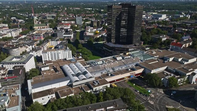 Aerial drone view of Essen City Hall ( Rathaus Essen ) and Theater im Rathaus in Essen , Germany .