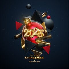 Merry Christmas and Happy New Year. Golden 2025 numbers with Christmas ball, flowing black, red and gold geometric 3d shapes. Vector holiday illustration. Winter festive poster or banner design