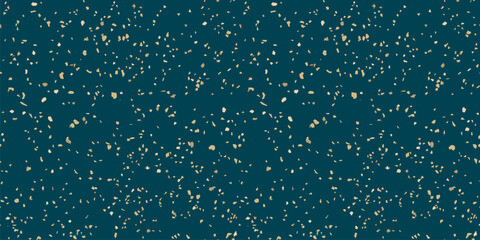 Gold and teal terrazzo flooring texture. Vector seamless pattern with chaotic scattered golden confetti background. Luxury mosaic floor surface. Trendy elegant design for decor, gift paper, wallpapers