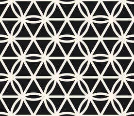 Modern minimal vector geometric seamless pattern with curved lines, hexagons, triangles, circles, lattice, grid. Black and white abstract background. Simple texture in arabesque style. Repeated design