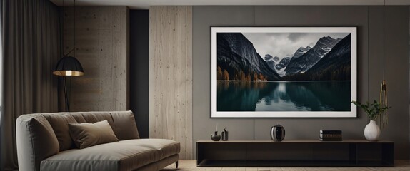 Fototapeta premium mock up poster frame in modern interior background, interior space, living room, Contemporary style, 3D render, 3D illustration, ultrarealistic