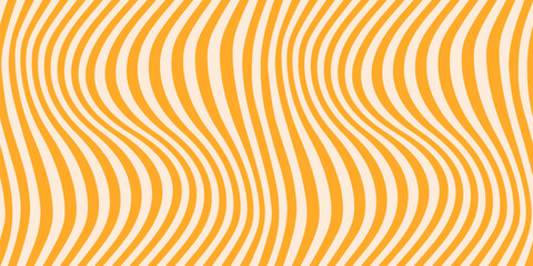 Groovy vector seamless pattern with curved lines, wavy stripes, yellow waves. Abstract distorted background. Dynamical rippled texture, 3D effect, illusion of movement. Repeated trendy geo design