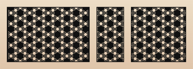 Laser cut patterns. Vector template set with abstract geometric texture, perforated hexagonal grid, mesh. Decorative stencil for CNC, laser cutting of wood, metal, paper. Aspect ratio 3:2, 1:2, 1:1