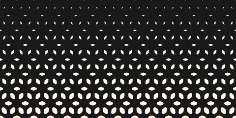 Vector halftone pattern. Horizontally seamless black and white texture with gradient transition effect. Minimalist geometric background with floral shapes, leaves, mesh, lattice. Abstract geo design