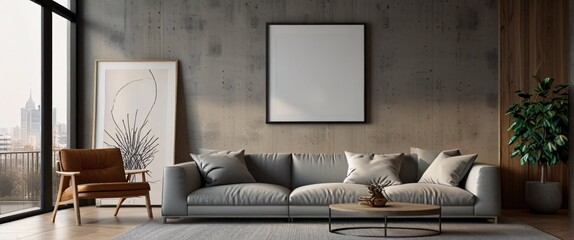 Obraz premium mock up poster frame in modern interior background, interior space, living room, Contemporary style, 3D render, 3D illustration, ultrarealistic
