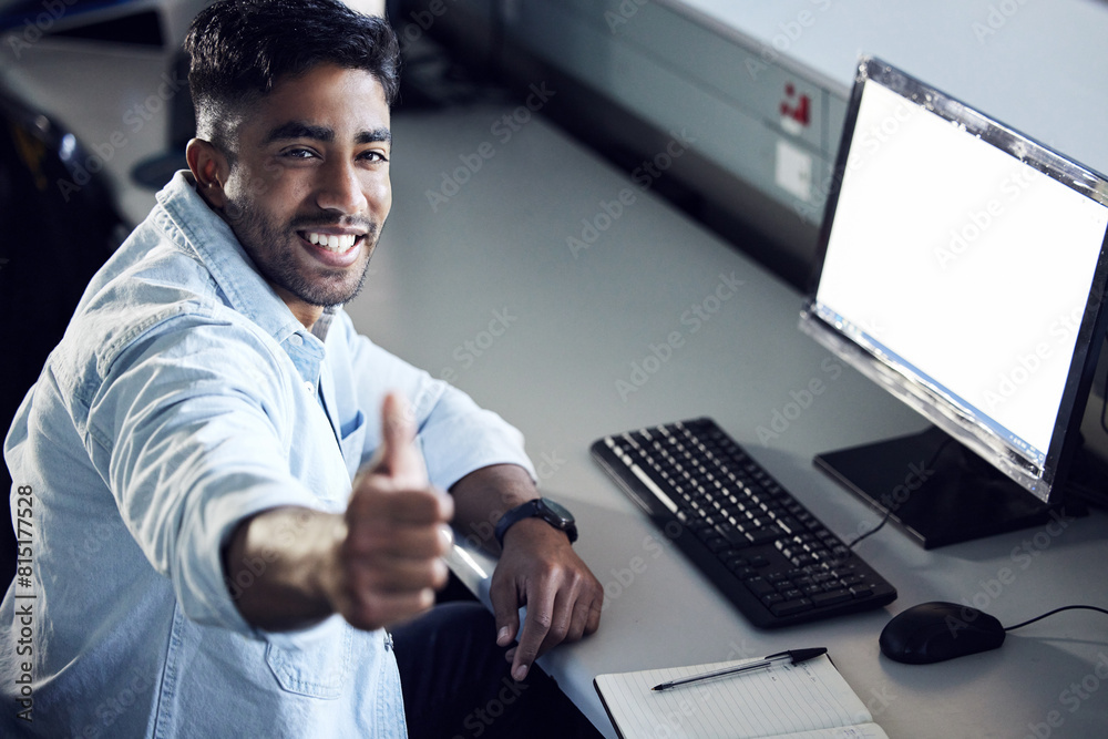 Poster Man, student and portrait with thumbs up by computer at IT college with choice for education with coding. Person, e learning and mockup space on blank screen with sign, like and agreement in Mumbai