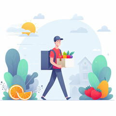 Fruit delivery concept. Courier carries organic products. Vegan vitamin menu