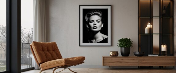mock up poster frame in modern interior background, interior space, living room, Contemporary style, 3D render, 3D illustration, ultrarealistic