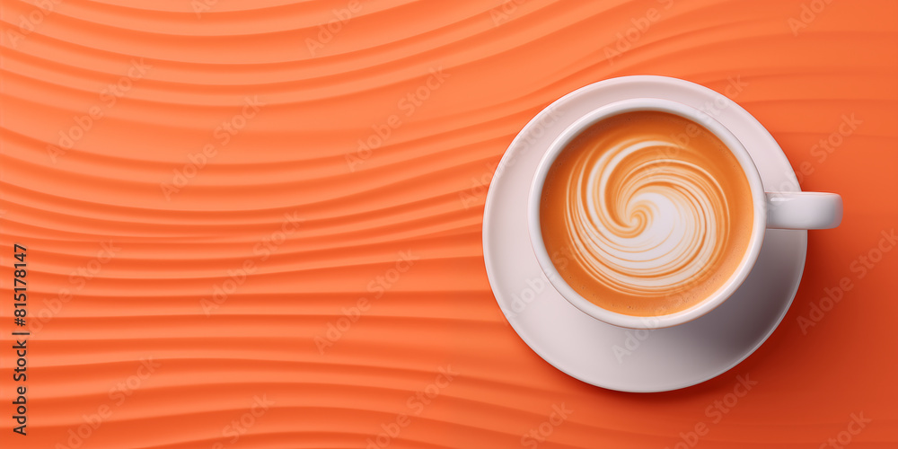 Wall mural Coffee 3D background, a cup of coffee with latte art on a background of volumetric waves in brown tones	
