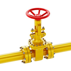 Yellow oil pipe with valve isolated on transparent background. 3D illustration