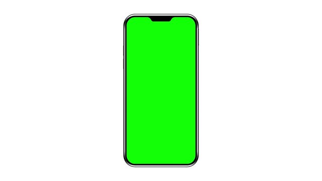 Mobile phone with blank green screen, front view, isolated on white background