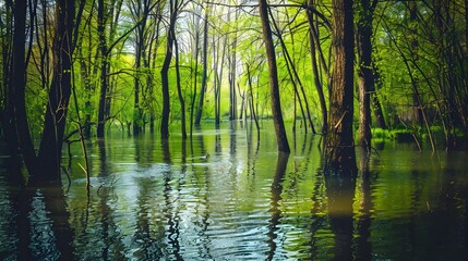 Obraz premium Fabulous spring scene of flooded forest. Panoramic morning view of dark woodland. Beauty of nature concept background.
