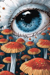 Obraz premium A painting of a blue eye surrounded by mushrooms and plants, AI
