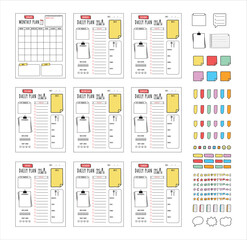 Set of minimalist planners. Daily, weekly, monthly planner template. Cute and simple printable to do list. Business organizer page. Note, to-do list, daily food list contents. Multiple sticker set.