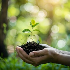 environment Earth Day In the hands of trees growing seedlings. Bokeh green Background Female hand holding tree on nature field grass Forest conservation concept
