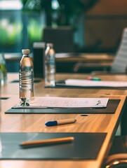 Empty business meeting table. Luxury office design. Conference table background. table with chair, paper, water, laptop, pencil and files.