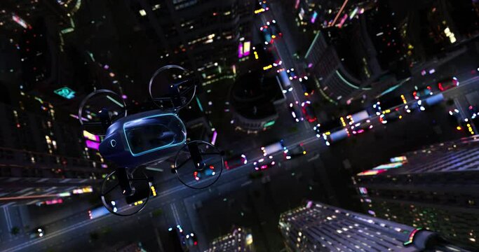 Urban Mobility Contrasts: EVTOL Flying Over Bustling City Center While Electric Cars Jammed on Roads Below