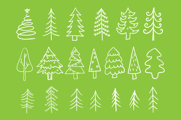 Set of fir trees and Christmas tree in doodle style. Celebration, winter, christmas, new year, christmas decorations, xmas. Great for banner, poster, stickers, professional design. Hand drawn
