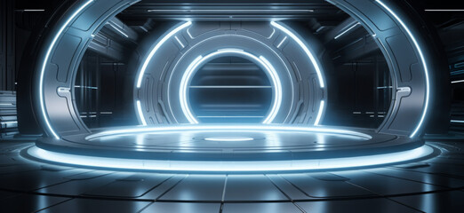 Podium background 3D light tech stage future platform game abstract. Podium 3D background technology room product circle glow effect portal stand studio scene white design ring modern display space.