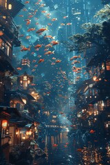 Fototapeta premium Colorful fish illuminate urban streets. 