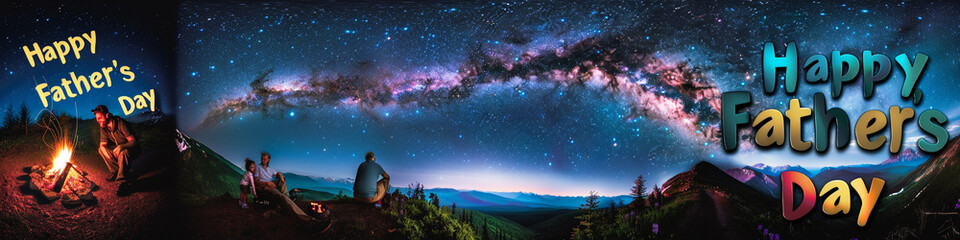 A panoramic view of a starry sky over a mountainous area with a campfire in the left corner suggesting a father and child. The right corner features "Happy Father's Day" in vivid letters.