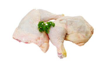 Two raw chicken leg quarters garnished with fresh parsley, isolated.