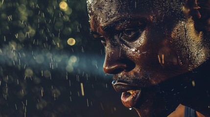 Close-up of a mans face glistening with raindrops under night lighting, showing deep contemplation.