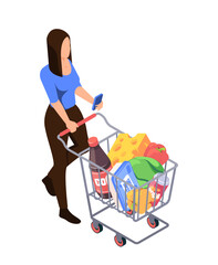 A woman with a shopping cart filled with groceries while checking her phone, isometric vector illustration on a white background, concept of shopping.