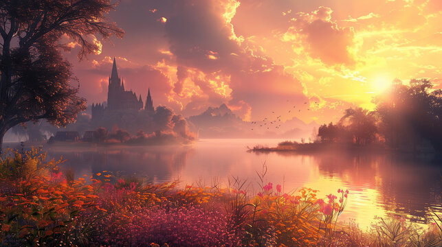 A castle or fortress on a lake with mountains in the background at sunset