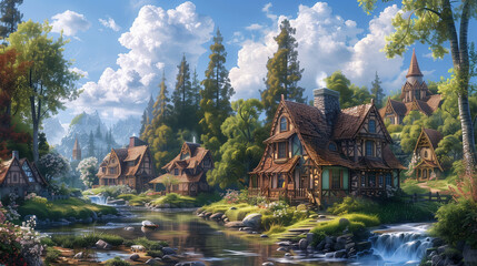 Naklejka premium Small fantasy village by a river with mountains in background