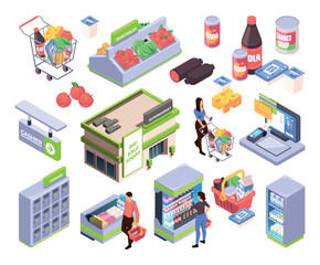 Isometric supermarket elements including customers, building, shopping cart, and products on a white background, set of 3d vector illustrations isolated on white background