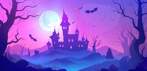 A cartoon background for the game, featuring an eerie haunted castle surrounded by spooky trees and glowing moonlight.