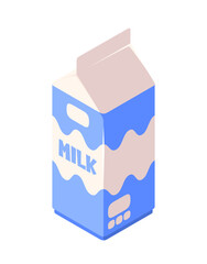 Blue milk carton with a wavy pattern on a light background, concept of dairy products. Isometric vector illustration isolated on white background