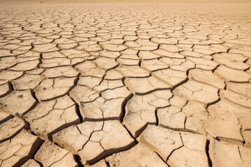 Expansive view of dry, cracked ground extending into the horizon under a clear sky, emphasizing desolation. Vast Dry Cracked Desert Terrain