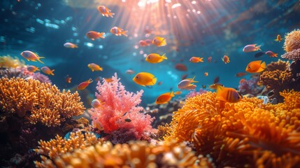 Fototapeta na wymiar Vibrant Coral Reef with Colorful Fish Swimming, Ocean Background with Copy Space