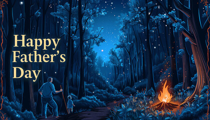 A tranquil forest scene at night with a campfire in the right corner, suggesting a father and child's presence. "Happy Father's Day" is displayed prominently in the left corner.