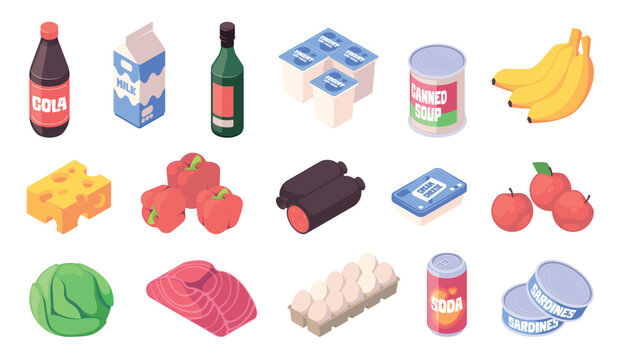 Assorted groceries in isometric vector illustration style on a light background, concept of shopping and food items. Set of isometric vector illustrations isolated on white background