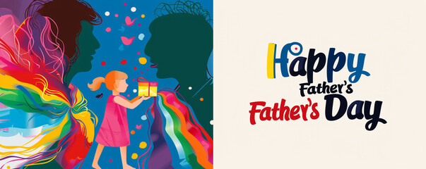 A vibrant Father's Day template featuring colorful abstract art on the left depicting a child giving a rainbow-colored gift to a father figure.