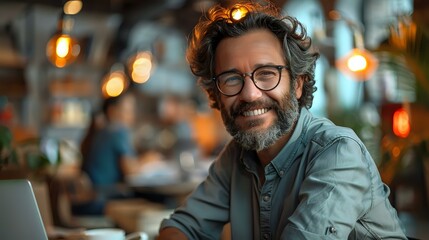 Fototapeta premium Warmly Lit Office: Casual Man Engaged in Conversation