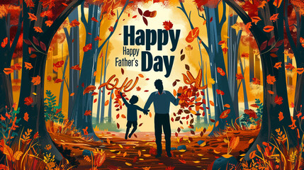 A wide-angle shot of a vibrant autumn forest, with a father and child's silhouettes playfully tossing leaves. 